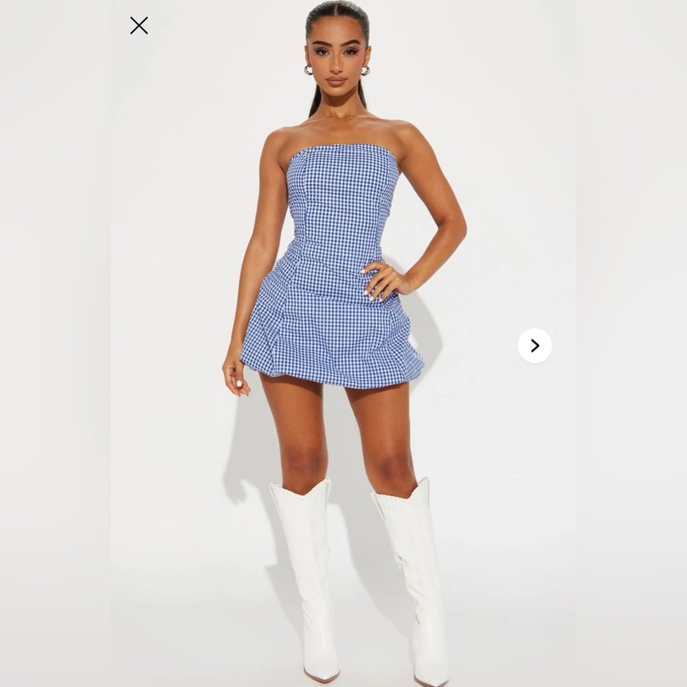 Fashion Nova Strapless Blue Checkered Dress